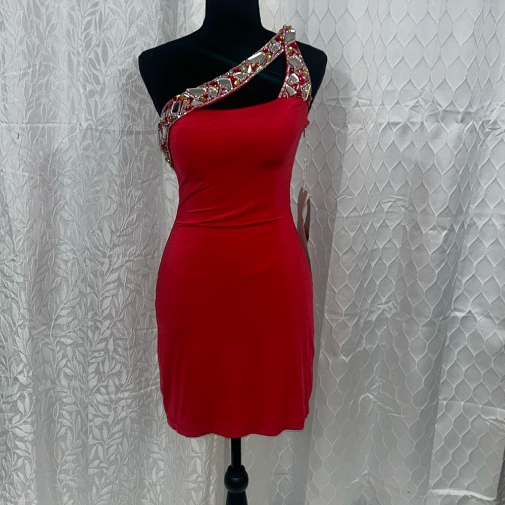 Red and silver bedded cocktail mini dress